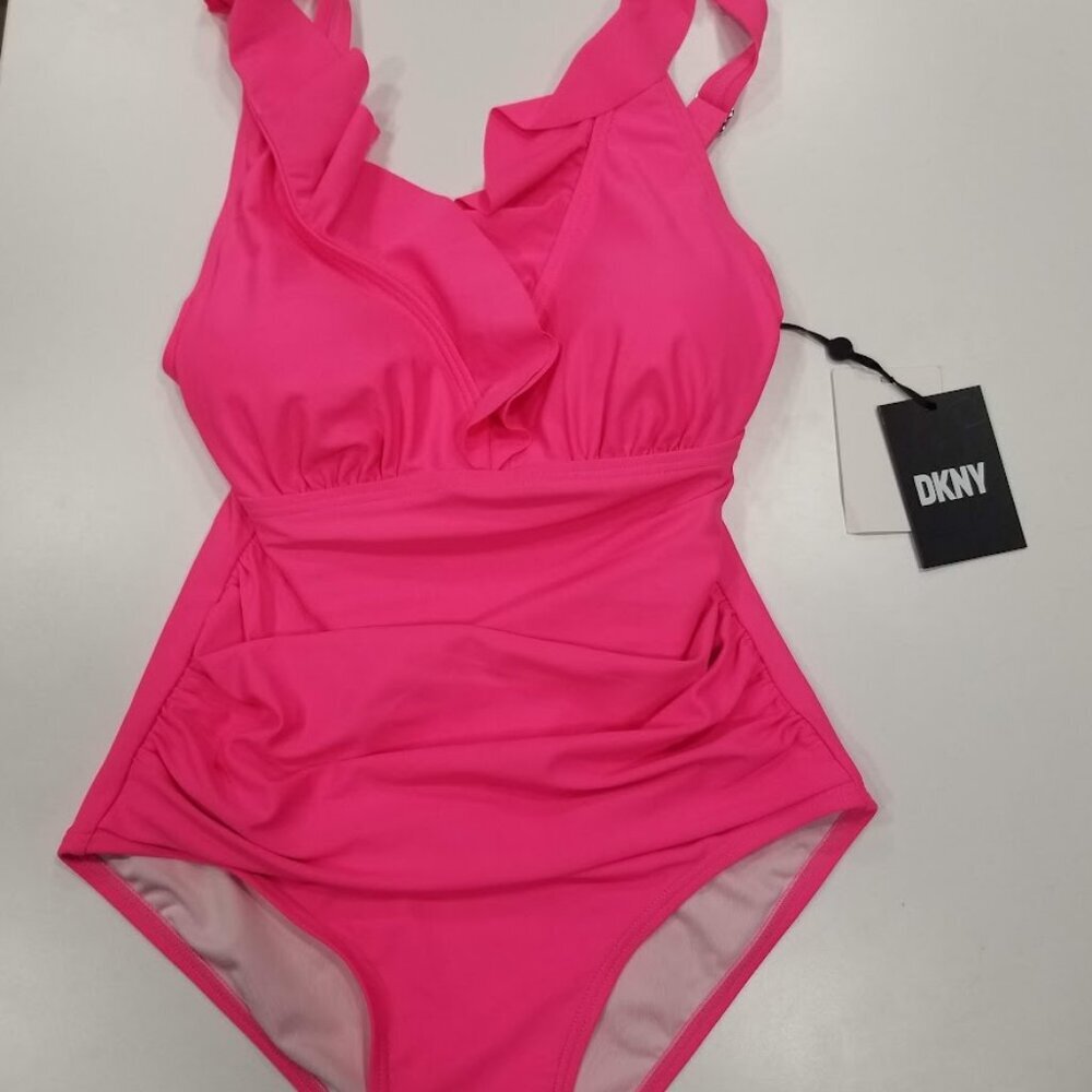 DKNY Ruffle Plunge Underwire Tummy Control One-Piece Swimsuit Neon Pink - Picture 5 of 11
